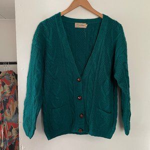 Vintage LL Bean Cardigan Sweater Large L Turquoise Green 100% Wool Cable Knit